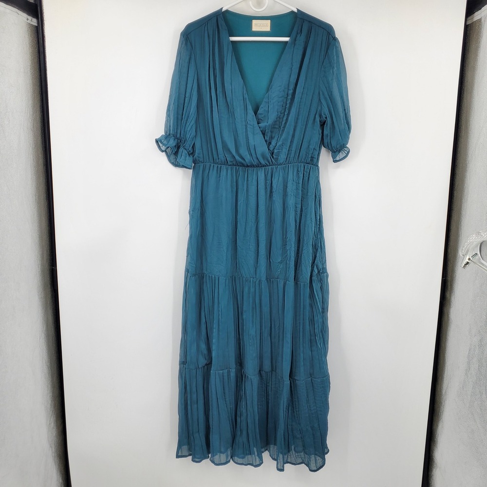 Bella Ella Teal Blue Pleated Tiered Maxi Dress Surplice V-Neck Large Boho Fairy